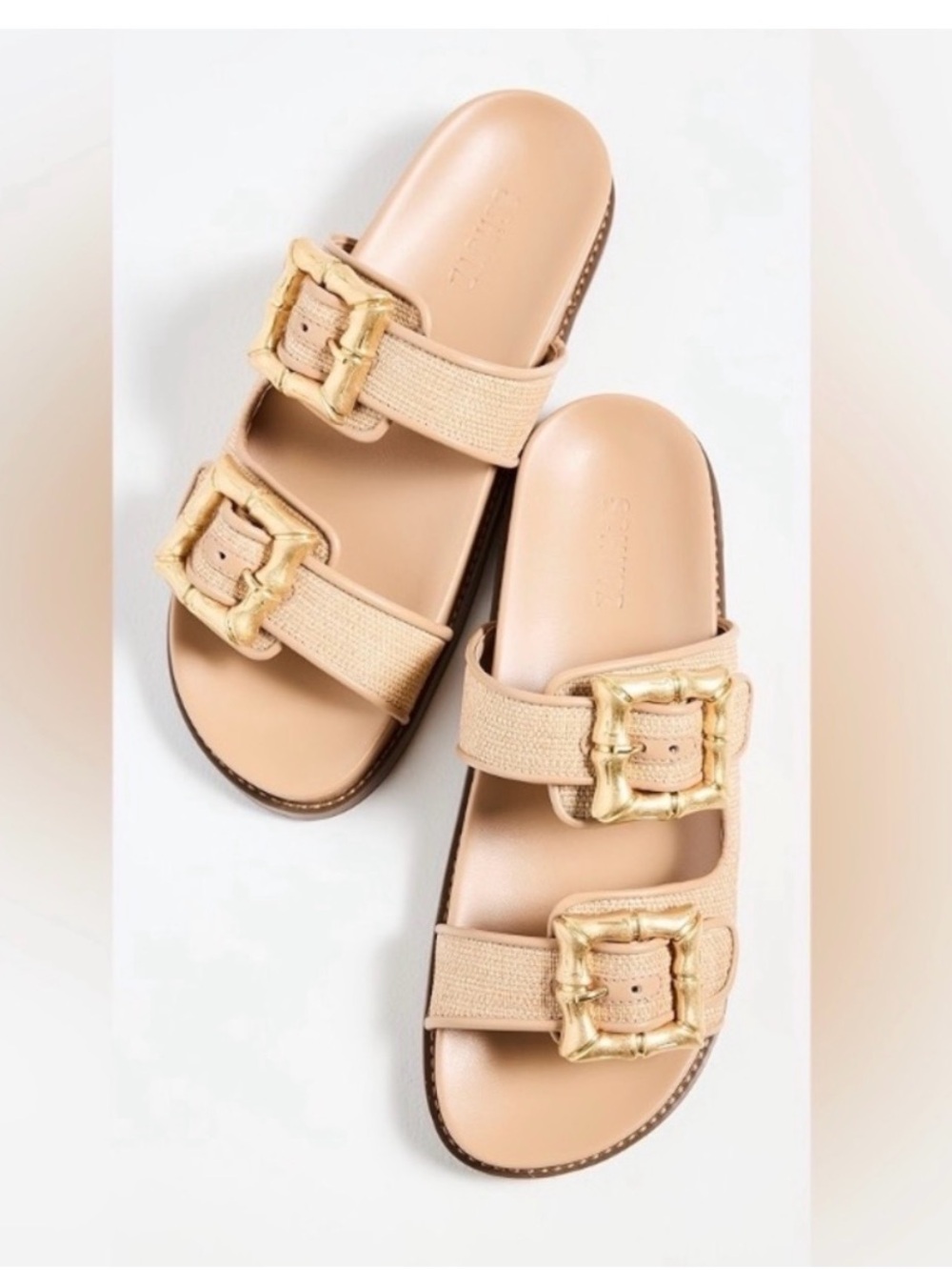 SCHUTZ Beige Slide Sandals with Gold Buckle Accents Enola